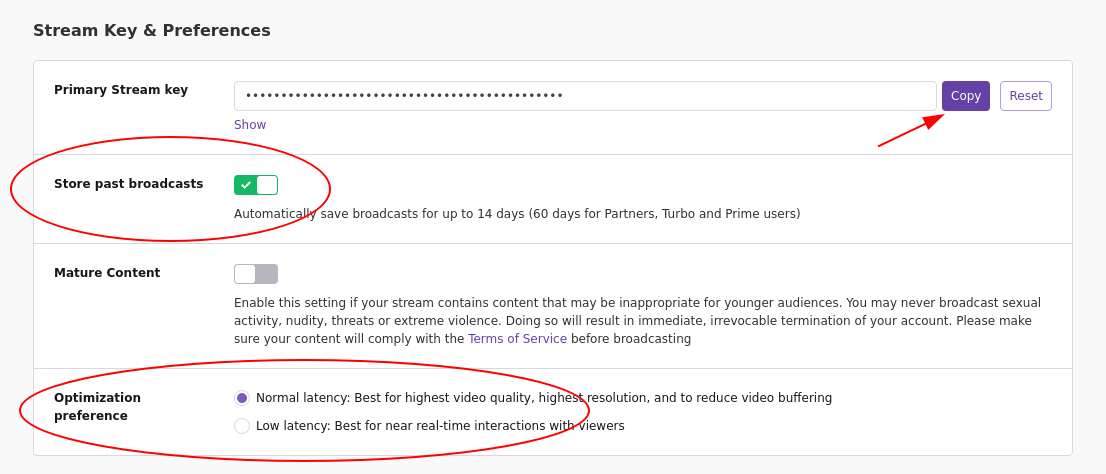 Stream Key & Preference Settings on Twitch